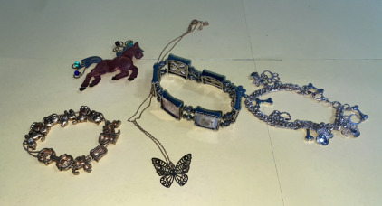 Various Animal Themed Jewlery Including (3) Bracelets, A Necklace, & A Pin