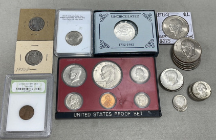 ((1) Various Silver Coins, (1) 1977 United States Proof Set, (1) 1732-1982 Uncirculated George Washington Half Dollar +
