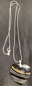 79.65ct White Striped Black Agate Heart Shaped Gemstone .925 Necklace
