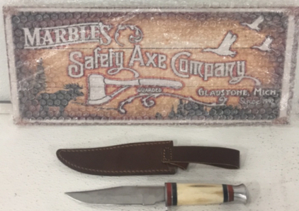(1) 6&rdquo; Bone Handle Fixed Blade Knife With Leather Sheath (1) 18&rdquo; x 8&rdquo; Wood &ldquo; Marbles Safety Axe Company&rdquo; Wall Decoration