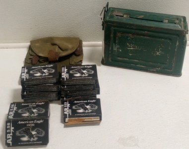 (180) American Eagle .223 Varmint Tipped Ammunition Cartridges (60) American Eagle XM193 5.56 Ammunition Cartridges (1) Vintage Ammo Pouch (1) Vintage Metal 30cal Ammo Box
