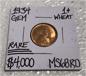 1934 MS68RD Rare Red Gem Wheat Penny
