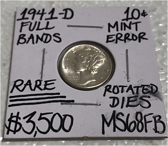 1941-D MS68FB Rare Mint Error Mercury Dime