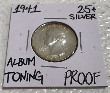 1941 Proof Silver Quarter With Album Toning