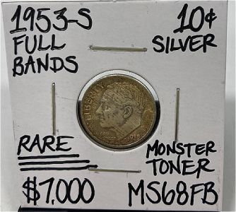 1953-S Rare Full Bands Silver Dime