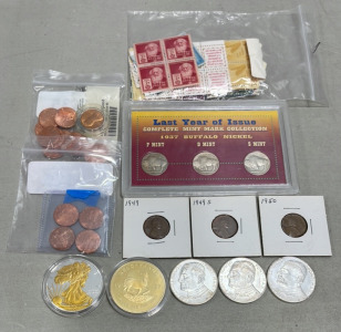 (1) Last Year Of Issue Complete Mint Mark Collection Of 1937 Buffalo Nickel, 3 Carded 1949 And 1950 Pennies, (100) Collectible Stamps, + Other Coins