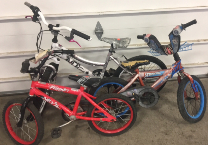 (1) Boys Red 16&rdquo; NEXT Rocket Bike ; (1) Boys 16&rdquo; HUFFY Spider-Man Bike ; (1) Girls White/ Silver 20&rdquo; 6- Speed BCA Mountain Bike