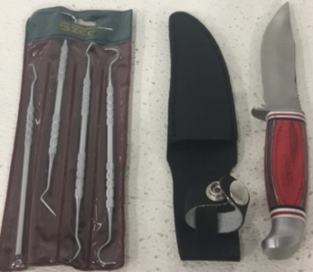 (1) 5&rdquo; Tiger Skinned Handle Fixed Blade Knife With Sheath (1) Szco 4-Piece Dental Pick Set