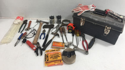 (1) Toolbox With Assorted Tools Including Hatchet, 25’ Measuring Tape, Huffy Tire Sealant and lots more!