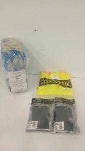 (12) Pair Of Atlas Fit 300 Rubber Palm Size XL Gloves (2) Tenacious Work Gear Proflex Wrist Support Size Medium Left (1) Occunomix Size XL Yellow Safety Vest