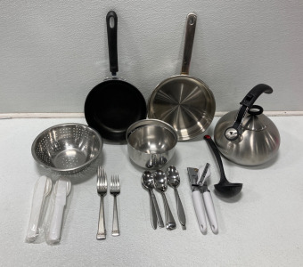 (2) Pots, (1) Tea Kettle, (1) Strainer, (2) Plastic Spoon, Knife And Fork Sets, (3) Metal Forks, (6) Metal Spoons, Can Opener, And Plastic Soup Ladel