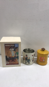 (1) Hearth and Home Sundance Kid Cookie Jar (1) Memories in the making Cookie Bucket (1) Westbend Vintage Tin Cookie Jar