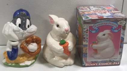 (1) Vintage Warner Brothers Bugs Bunny Baseball Cookie Jar (1) Hermatige Pottery Bunny Cookie Jar In Original Packaging