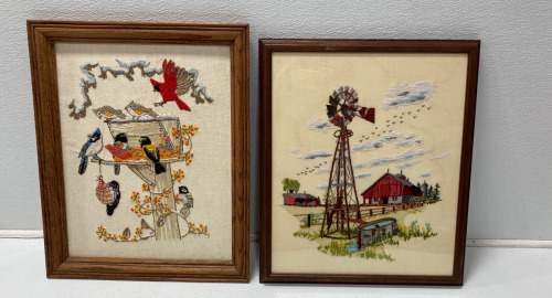 (1) Framed Bird Embroidery, (1) Framed Farm Embroidery