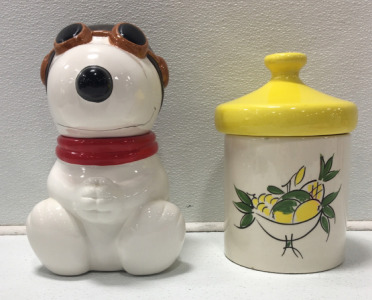 Mid Century Ceramic Fruit Canister, 1994 Vintage Peanuts Snoopy WW1 Flying Ace Cookie Jar