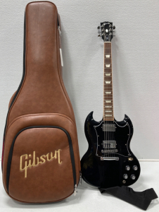 Gibson Black Electric Guitar, Gibson Leather And Red Plush Guitar Case