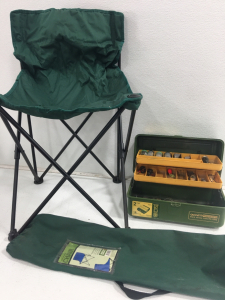 (1) Comfort Quad Chair (1) Old Pal Woodstream Mark Series 2 Trays With Assorted Fishing Lures and Weights