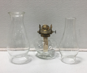 Vintage Clear Glass Kerosene Oil Lamp Base, (2) Clear Glass Kerosene Oil Lamp Chimneys