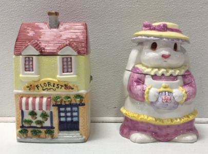 Ceramic Florist Shop Cookie Jar, Vintage Bunny Cookie Jar