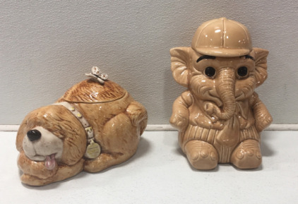 Vintage Elephant Baseball Hat Cookie Jar, Sleeping Dog Cookie Jar