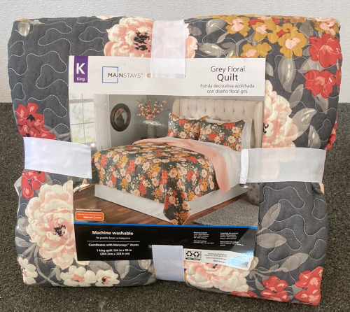 Grey Floral Quilt King Size