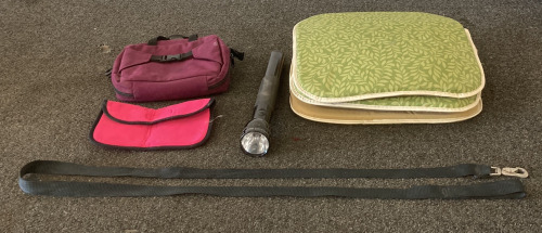 Large Flashlight, Dog Leash, Seat Cushion (4), Small Bags (2)