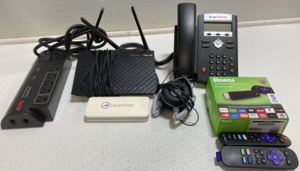 Office Phone, Dual Band Router, Surge Protector, Power Bank, Wired Headphones, Roku Streaming Stick w/ (2) Remotes