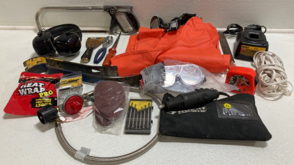 Safety Bib, Assorted Small Tools, Dremel, Pry Bars, Ear Protection, DeWalt Charger and more