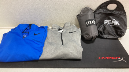 (2) Men&rsquo;s Large Nike Pullovers, Eno Rain Fly Hammock, Soft Cooler Bag, Hyper X XL Mouse Pad