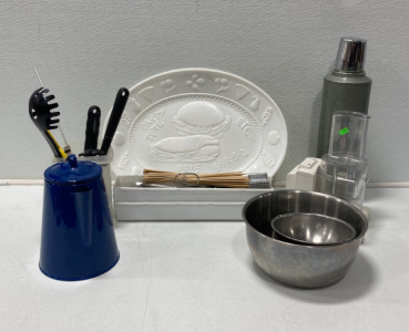 Camping Tea Kettle, Mixer Bowl, Blender, Party Platter, Thermos, And Misc Kitchen Utensils