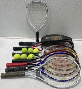 (8) Tennis Rackets, (6) Wilson Tennis Balls, Raquet Ball Racket Cover, 3 Slot Tennis Racket Storage Bag, Raquet Ball Racket