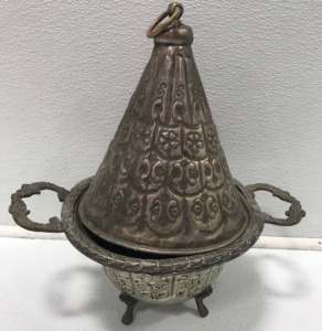Old Antique Moroccan Serving Dish In Embossed Silver With Metal Lid