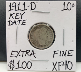 1911-D XF40 Key Date Extra Fine Barber Dime
