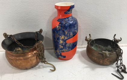 (2) Hanging Planters (1) Oriental Vase 12&rdquo;