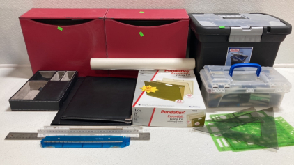 File Organizers, Hanging File Folders, Portolios, Storage Box of Markers, Drafting Paper, Rulers and Stencils
