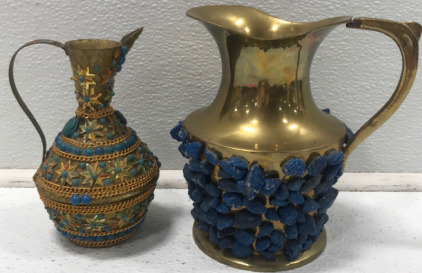 (2) Small Brass Pitchers With Added Gems