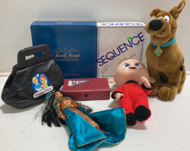 Trivial Pursuit, Sequence, Stuffed Scooby Doo, Jack Jack Doll, Dominoes, Fisher Price Toys, Pocahontas Doll