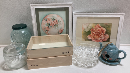(2) Framed Rose Watercolor Paintings, (2) Shadowboxes, Decorative Glass Bowl, Ceramic Teapot Birdhouse, (2) Glass Jars