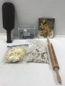 Roller, Rocks, Artificial Flowers, Thermometer, Wooden Paddle, Assorted Kitchen Spoons