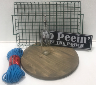 Metal Storage Tray, Oil Bottle, Blue Utility Rope, Round Wood Borad, No Peein Sign
