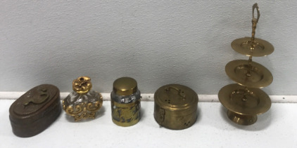 Gold Colored Trinket Boxes And Bottles, Mini Gold Colored Cake Stand