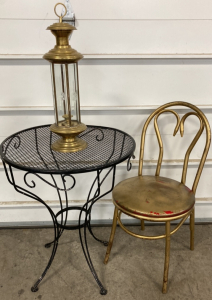 Small Black Metal Patio Table, (2) Gold Painted Chairs, Gold Candlestick Lantern