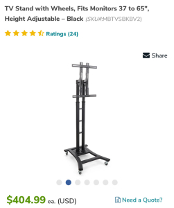 Displays2Go Adjustable TV Stand w/ Wheels