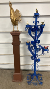 Gold Metal Rooster on Pedestal, Blue Metal Decorative Stand w/ Bird Decor