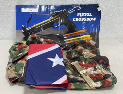 (1) Mini Crossbow W/ 5 Bolts, (1) Camouflage Military Rucksak, (1) 5&rsquo;x 3&rsquo; Confederate Flag, (1) German Paratrooper Scissor Knife W/ German Inscriptions On Blade And Scales