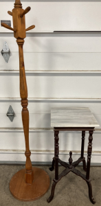 Small Entry Table w/ Stone Top, Wood Coat Rack