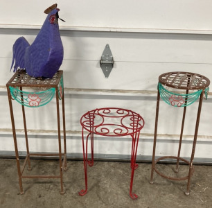 (3) Metal Plant Stands, (1) Purple Metal Chicken