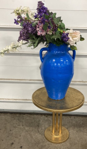 Small Gold Table, Large Blue Pottery Vase w/ Artificial Flowers