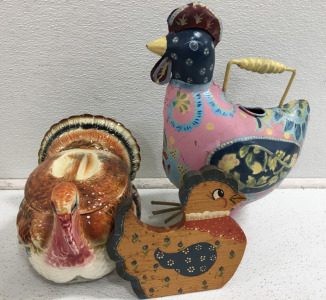 (1) Ceramic Turkey Canister (1) Metal Rooster Vase (1) Rooster Recipe Card Holder