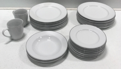 (28) Pc White With Gray Rim Dish Set